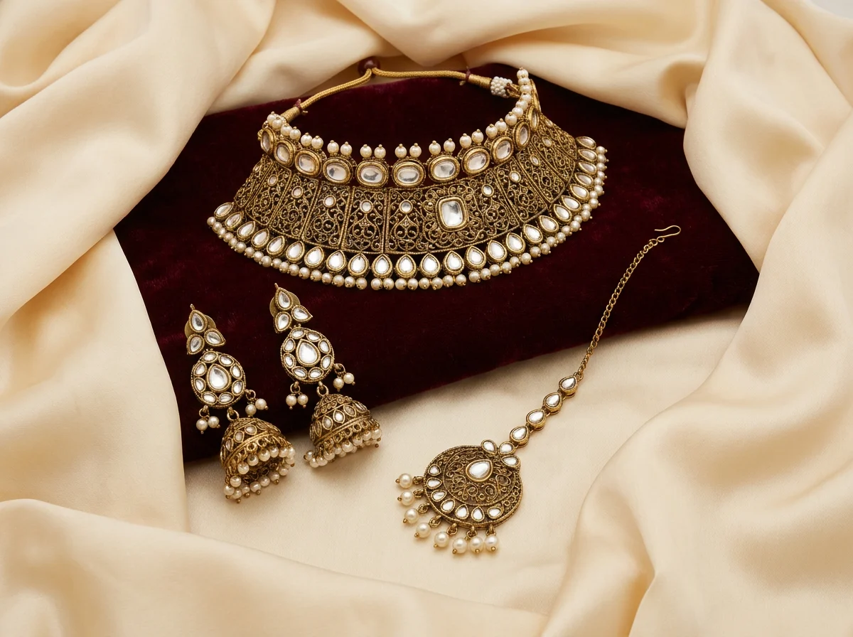 Ornate traditional Indian antique gold-toned ethnic jewellery neckpiece, jhumka earrings, and maang tikka